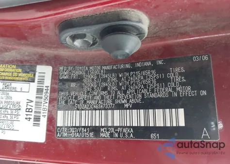 2006 Toyota Sienna Ce из США, поврежденный, VIN 5TDZA23C46S473377